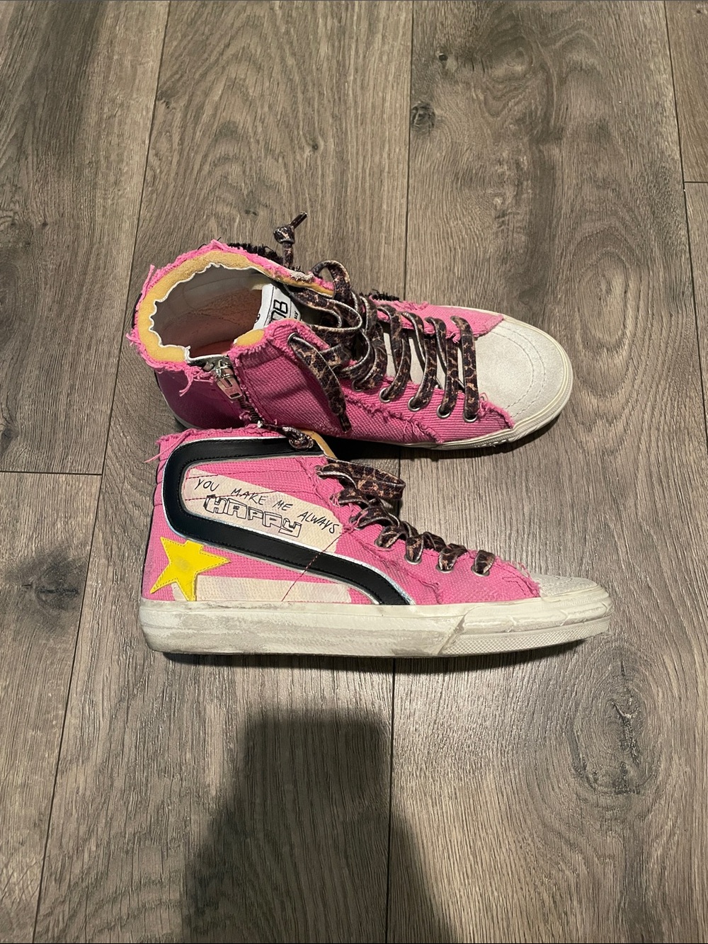 Golden Goose Pink Frayed High-Top Sneakers with Leopard Laces
